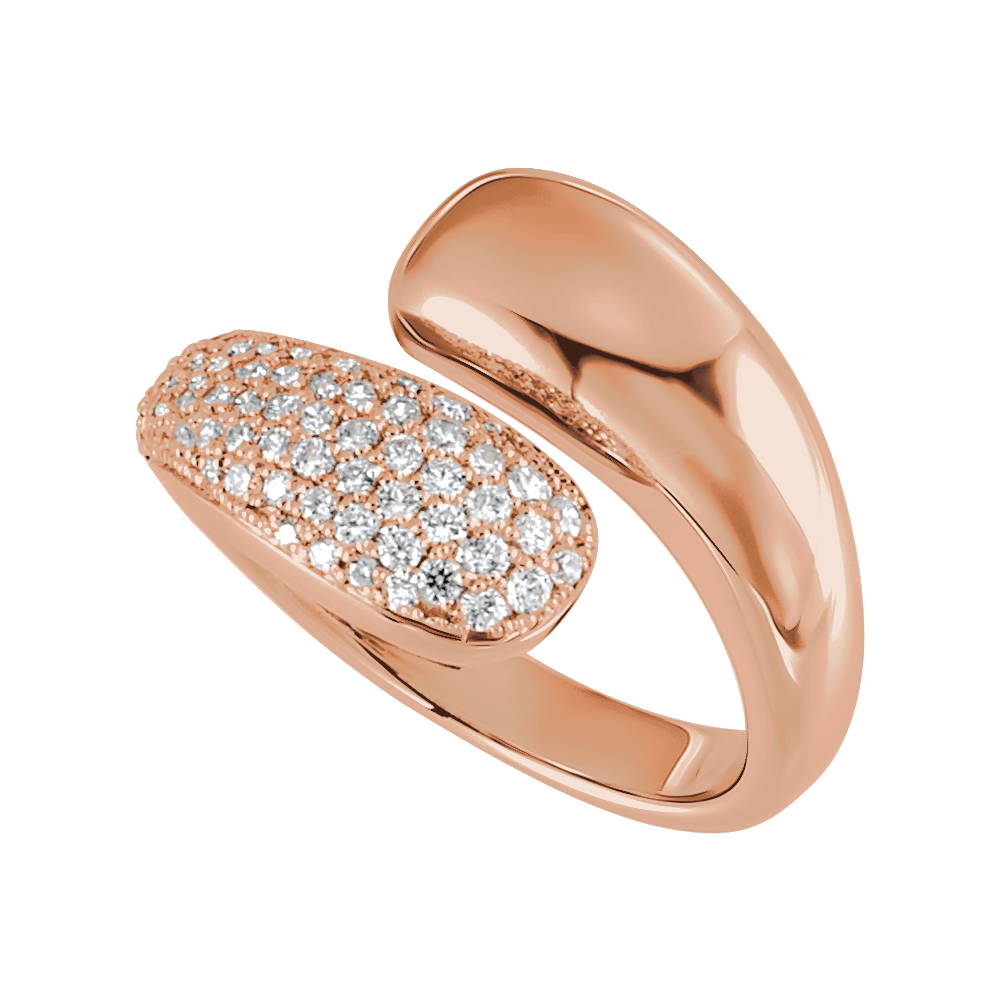 14k rose gold bypass ring with pave diamonds