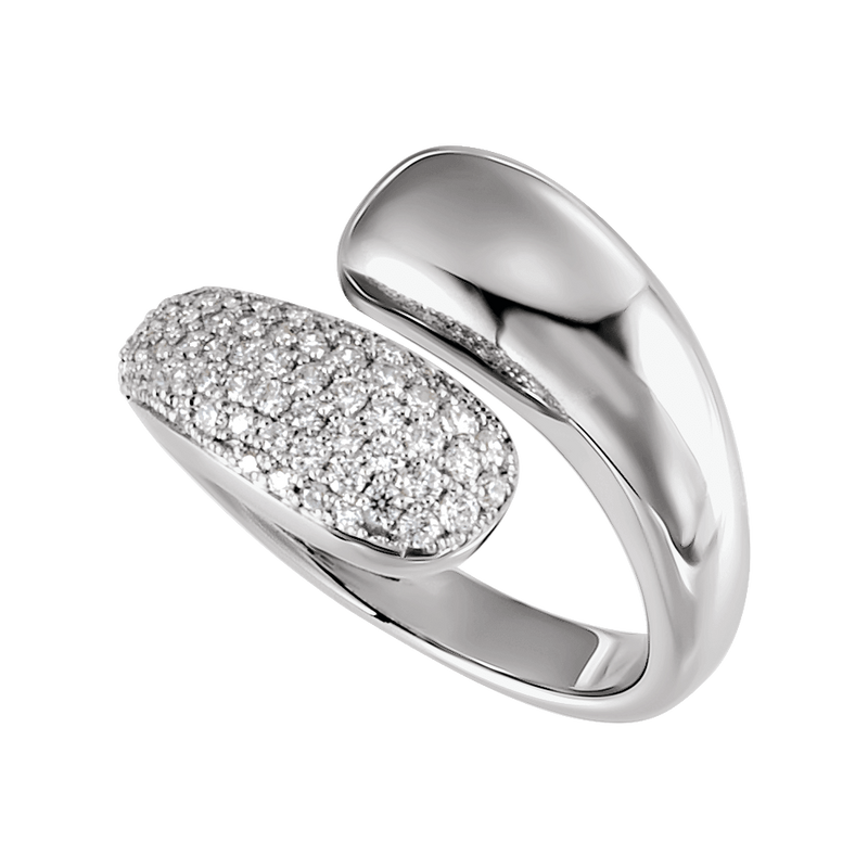 14k white gold bypass ring with pave diamonds