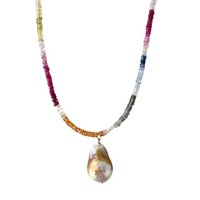 rainbow sapphire necklace with baroque pearl pendant