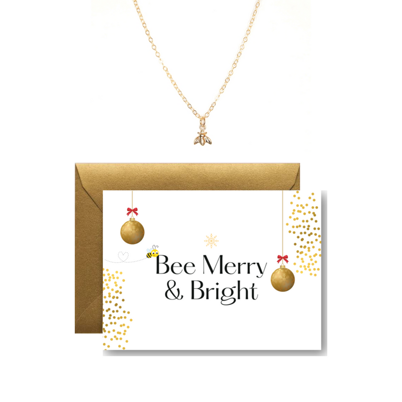 14k gold bee necklace holiday set, holiday gold Bee necklace, bee merry & bright, 14k gold bee necklace holiday gift set